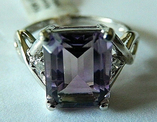 *NEW* 10K White Gold Genuine 3.5CT Amethyst & Natural Diamond Ring Size 7.5