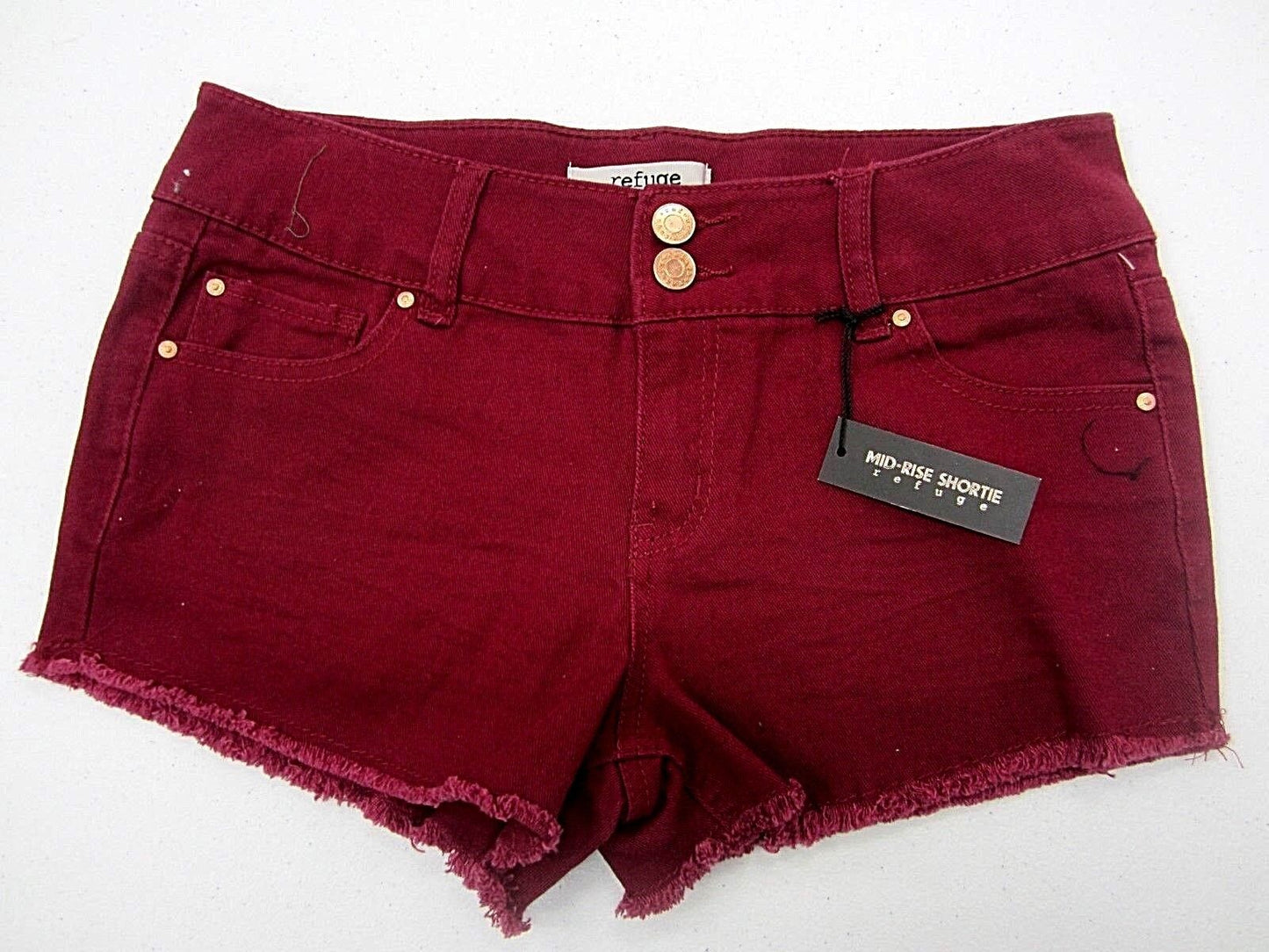 NWT Refuge Denim Mid Rise Shortie Shorts Marroon Fringe Hem Size 0 x 2"Long