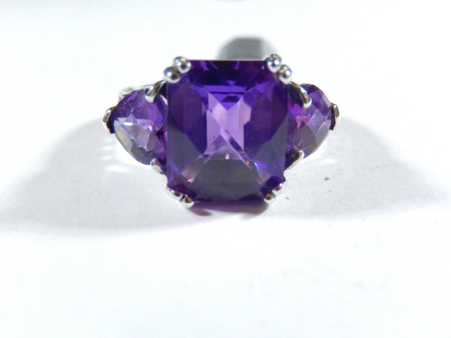 *VINTAGE*  Sterling Silver 8.00 CT Checkerboard Amethyst Three Stone Ring Size 7