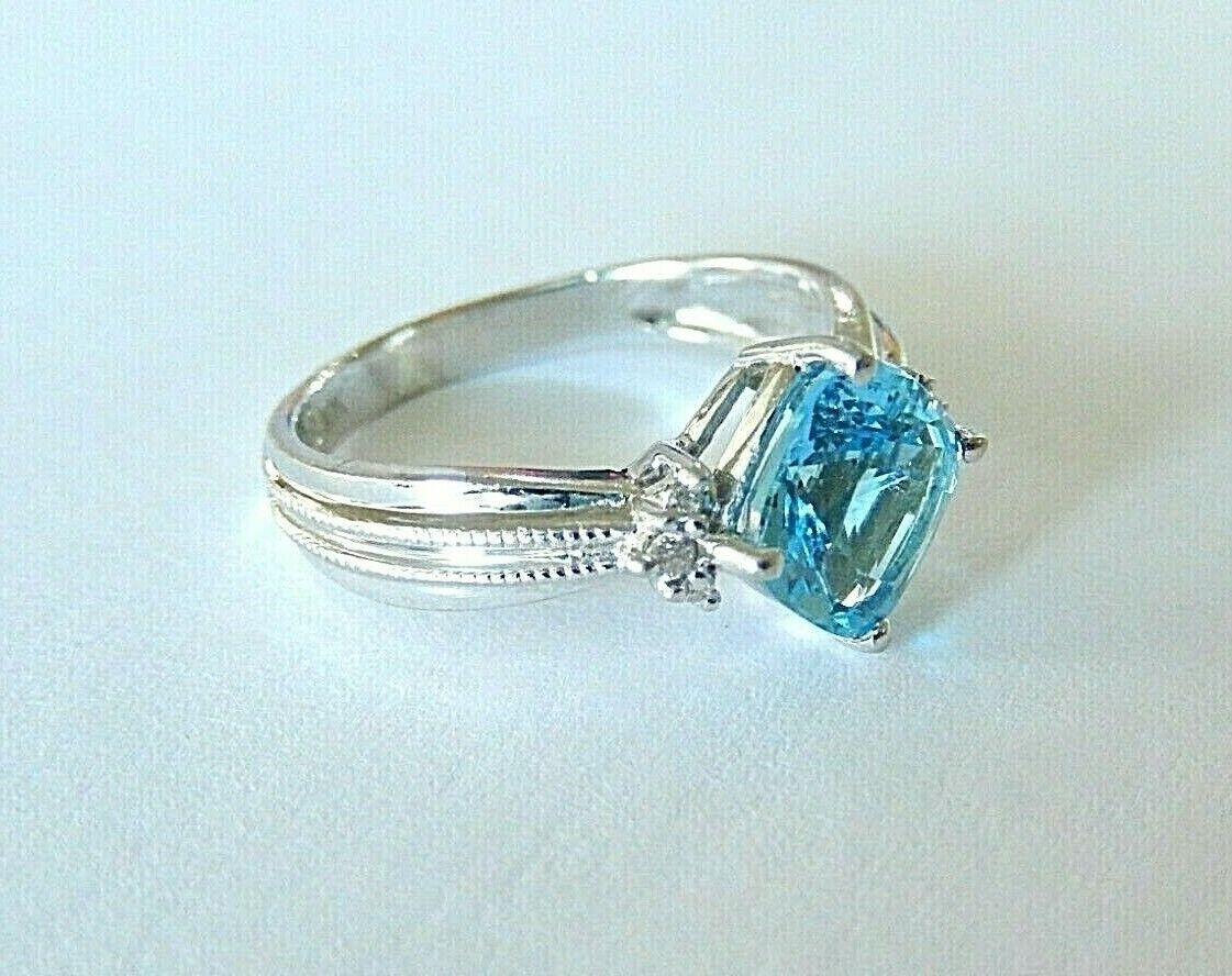 10K White Gold Vintage Genuine Cushion-cut Blue Topaz and Diamond Ring Sz 6.25