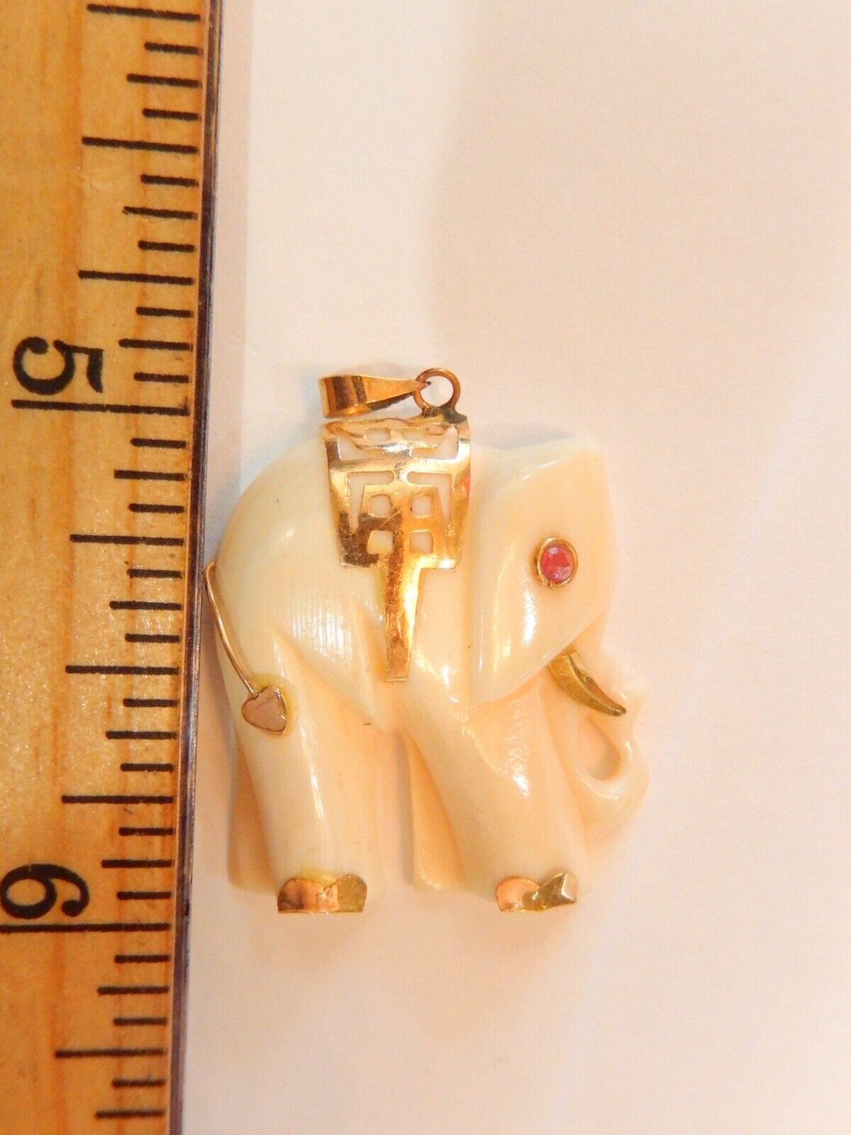 *VINTAGE*  14k Gold Hand Carved Elephant Pendant with Ruby Eye