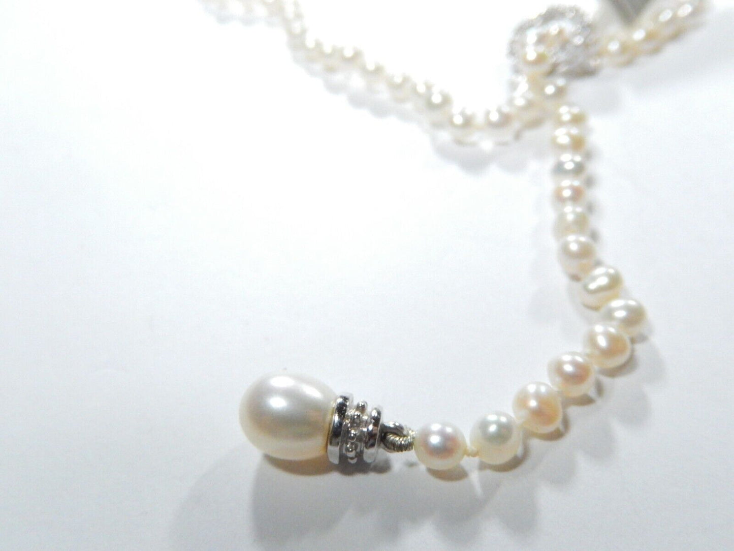 *VINTAGE*  14k White Gold  4.25 mm 24" Pearl Necklace with Slide Diamond Clasp