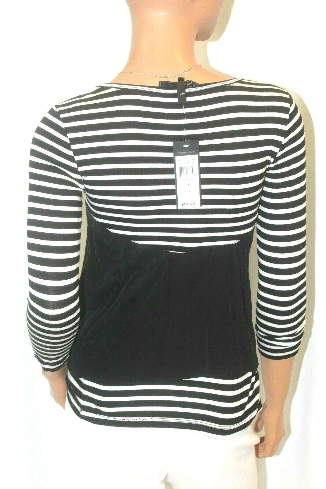 *NWT* $158. BCBG MAXAZRIA Women 3/4 Sleeve Stretch Top Blouse Black/White Sz XS