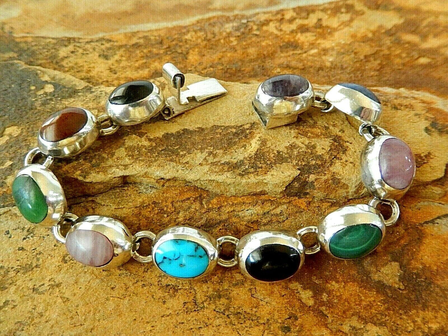 Vintage MEXICO TAXCO 925 Sterling Silver Bracelet Multi Gem Link Bracelet 7"