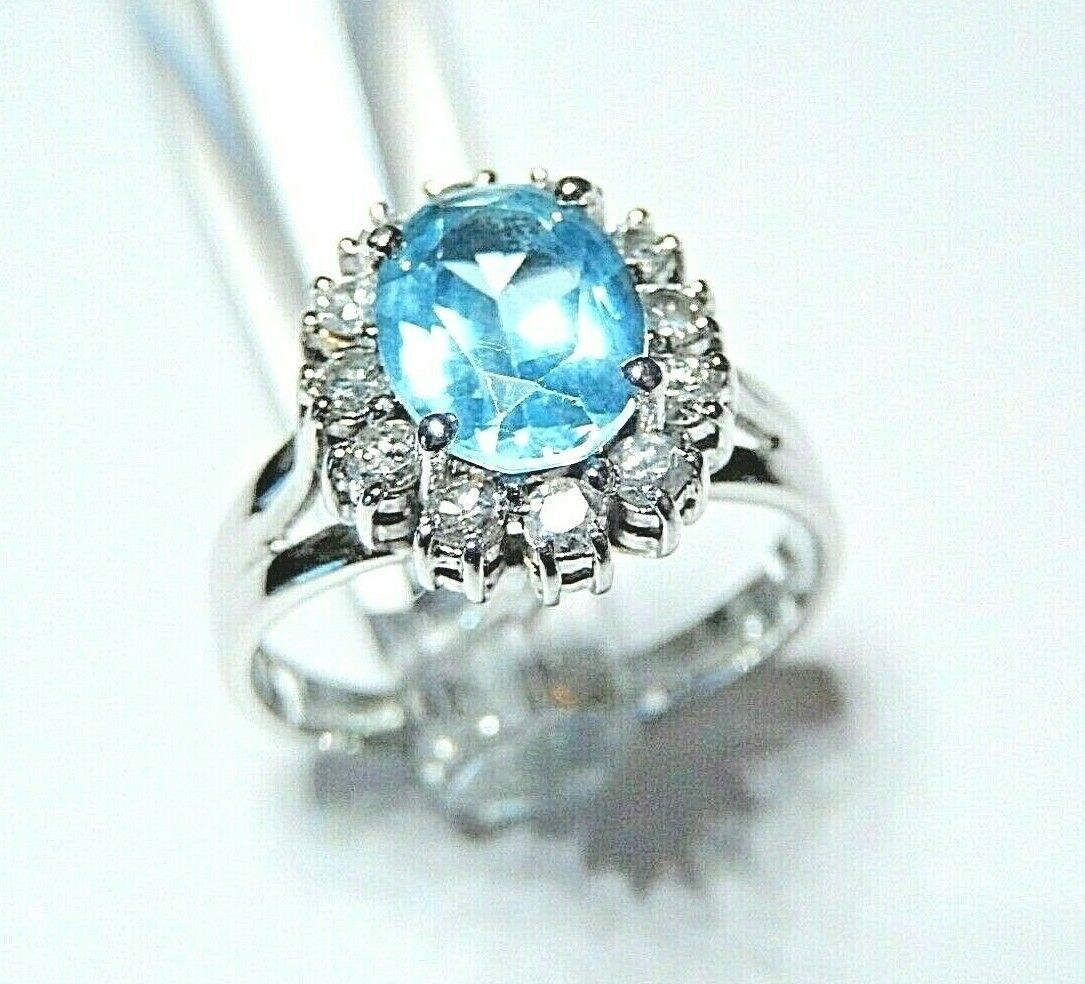 *VINTAGE* 14K White Gold 3.00CT Oval Swiss Blue Topaz & Diamond Halo Ring Sz 8.5