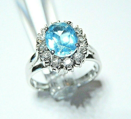 *VINTAGE* 14K White Gold 3.00CT Oval Swiss Blue Topaz & Diamond Halo Ring Sz 8.5
