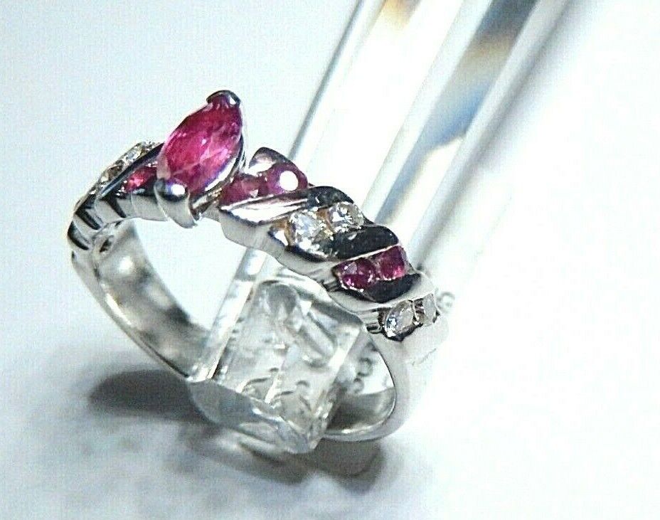 *NWT*  10K White Gold Marquise Red Ruby & Diamond Channel Set Ring  Size 6.5