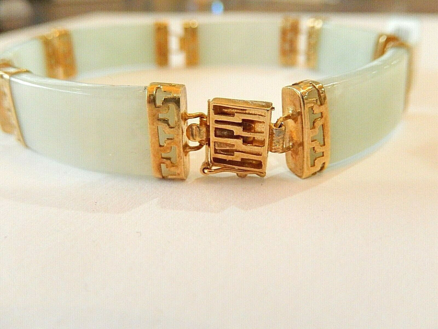 *VINTAGE* 14K Yellow Gold Green Jade Link Chinese Character Bracelet 7.5"