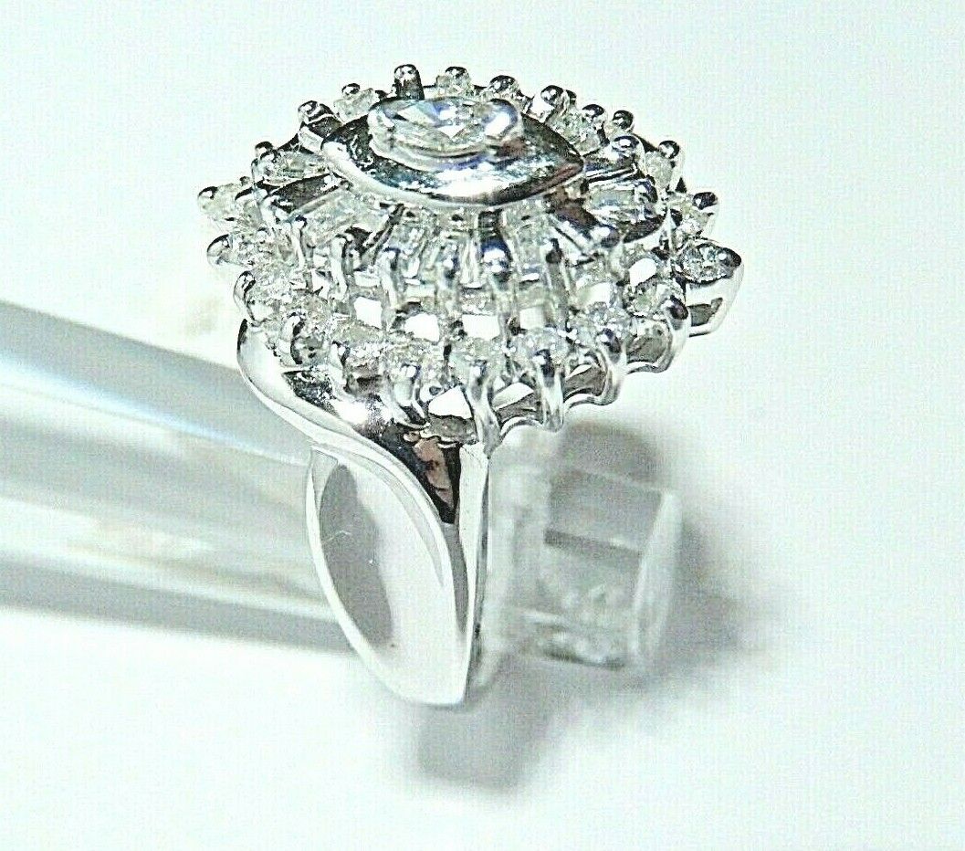 *NWT* 10K White Gold.75 CT Round & Baguette Shape Diamond Marquise Cluster Ring