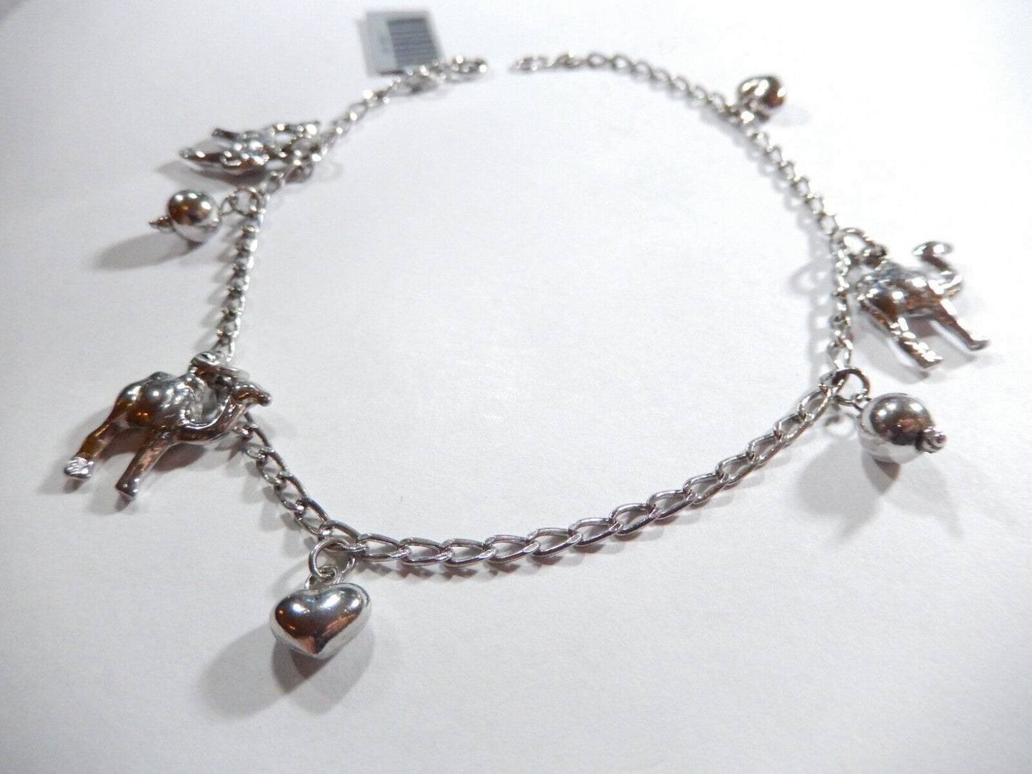 Sterling Silver Chain Anklet with Dangling Heart & Camel & Bead Charms 9" Long