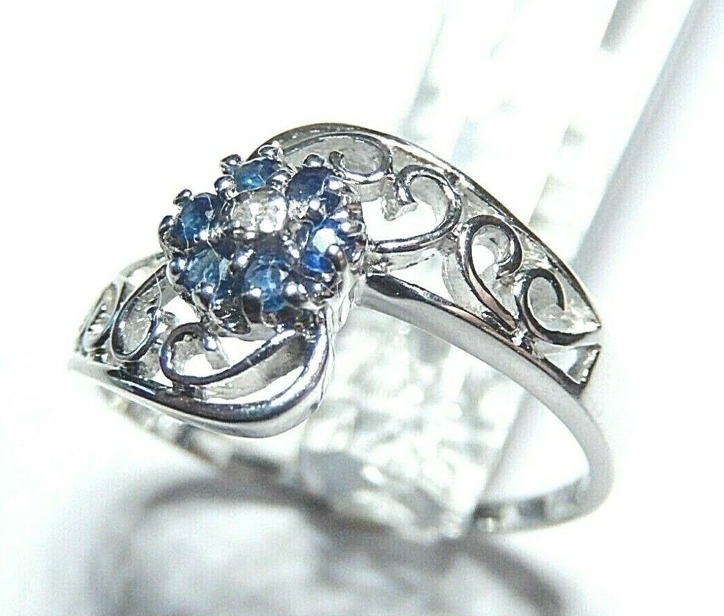 *NWT*  10k White Gold Sapphire and Diamond Flower Filigree Ring Sz 7