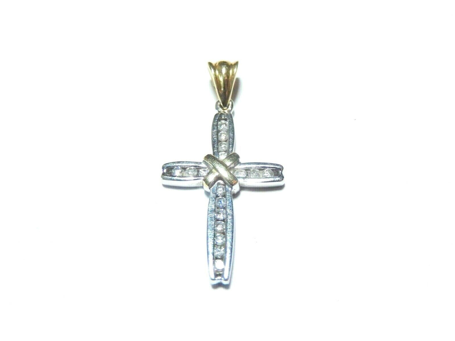 *VINTAGE* 14k Yellow & White Gold 17 Diamond Cross Pendant 1" x 5/8" Plus Bail