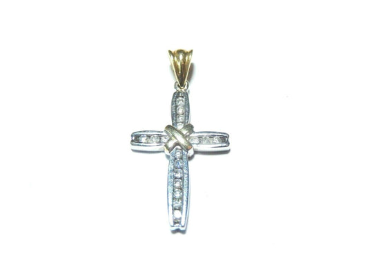 *VINTAGE* 14k Yellow & White Gold 17 Diamond Cross Pendant 1" x 5/8" Plus Bail