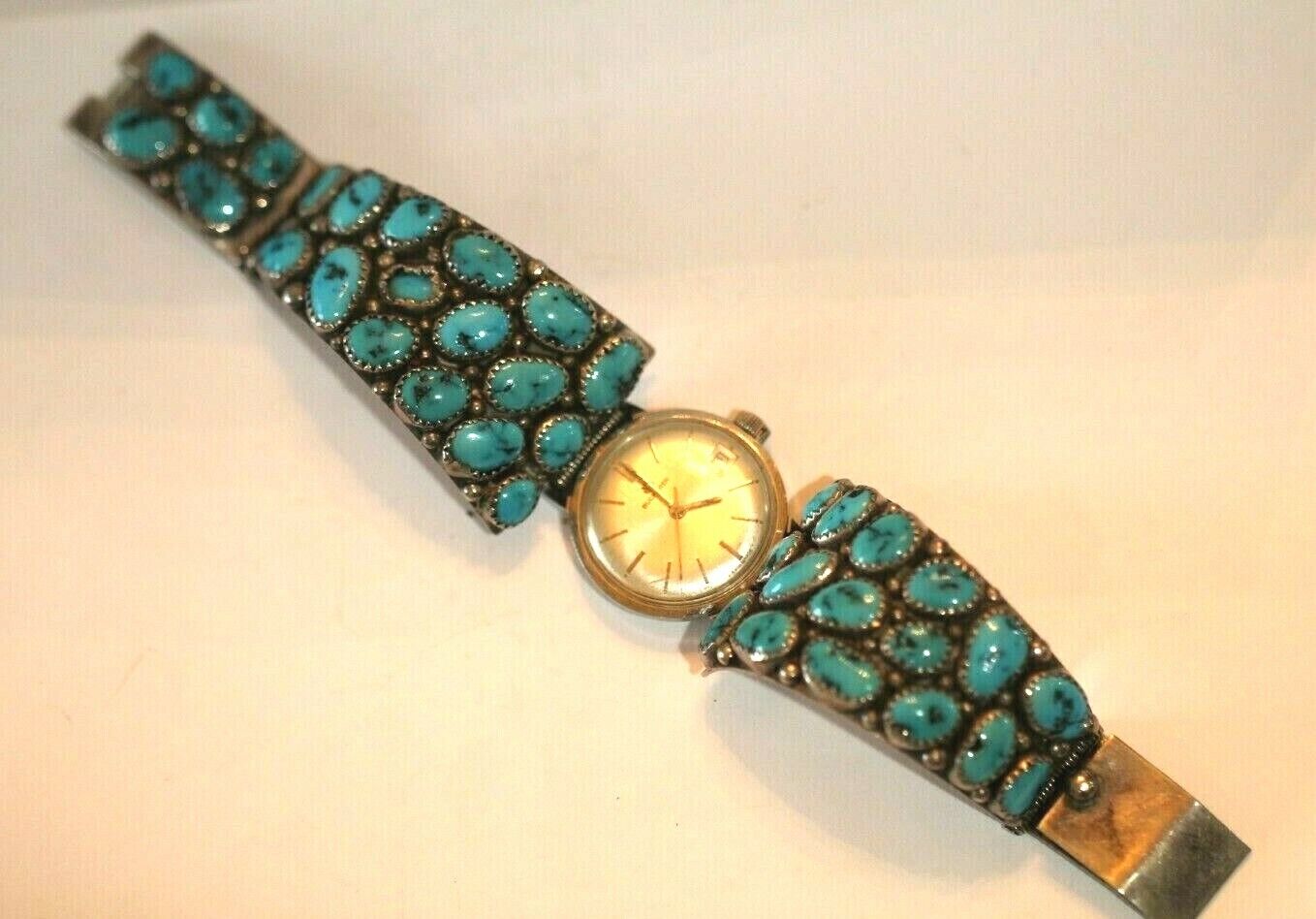 *VINTAGE*  Signed Native American Sterling Silver & Turquoise Watch Band & Watch