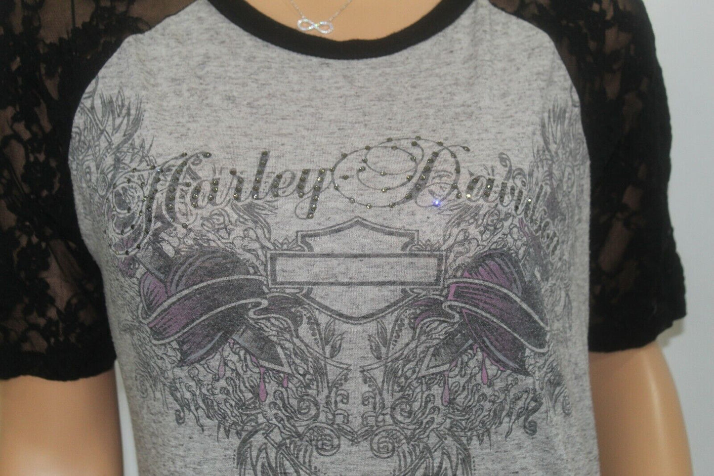 Harley Davidson Size S Womens Short Sleeve Rhinestone Logo Lace Sleeve T-Shirt