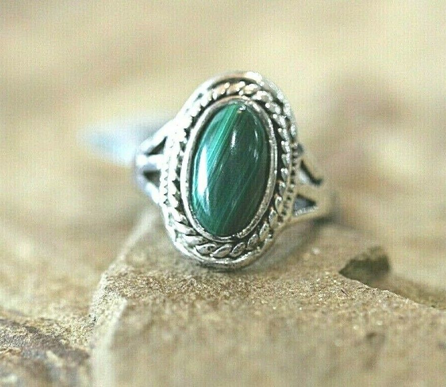 *VINTAGE* Sterling Silver Green MALACHITE Oval SOLITAIRE Southwestern Ring Sz6.5