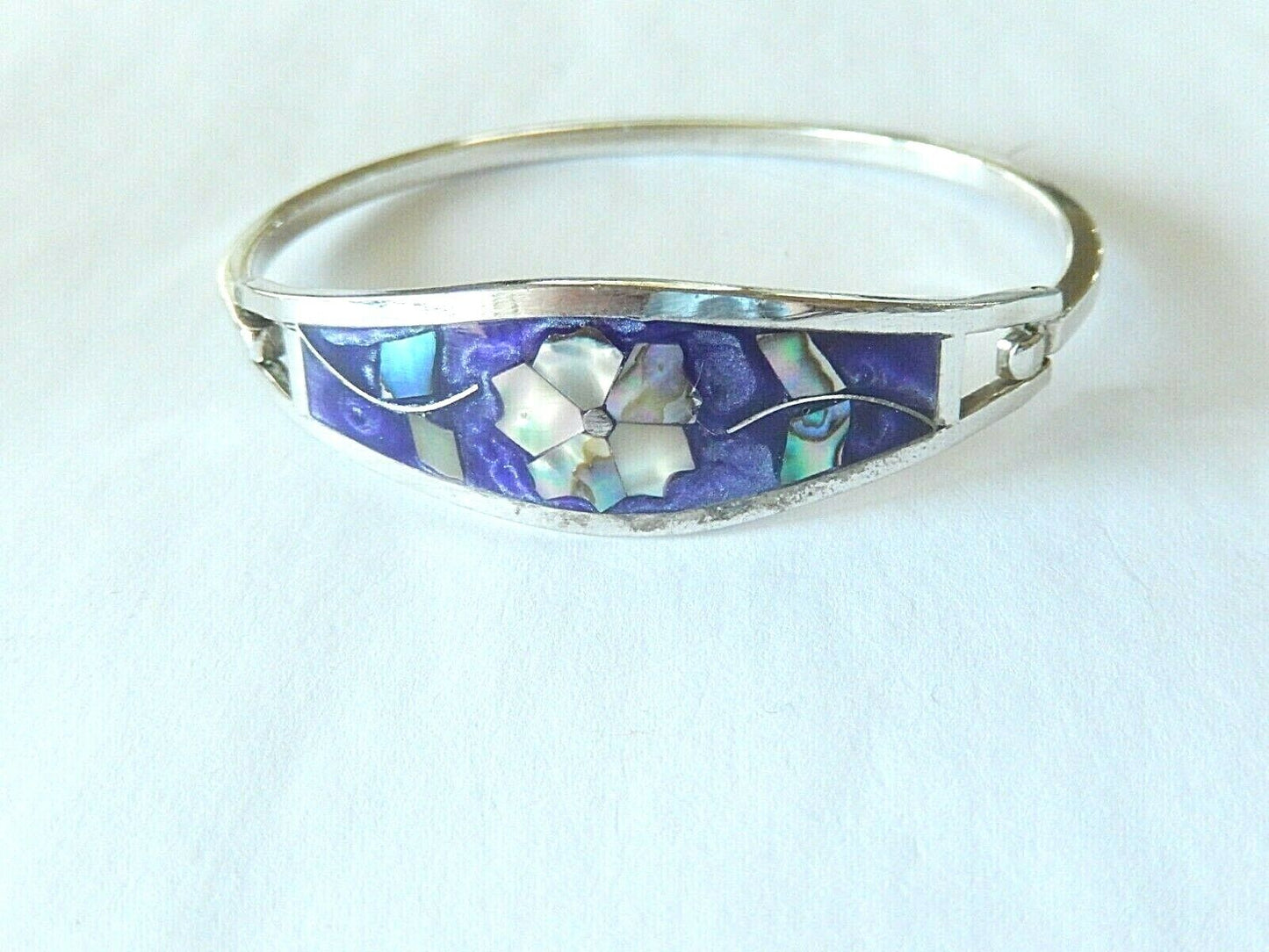 *VINTAGE Taxco Mexico Sterling Silver Mother of Pearl Inlay Hinged Cuff Bracelet