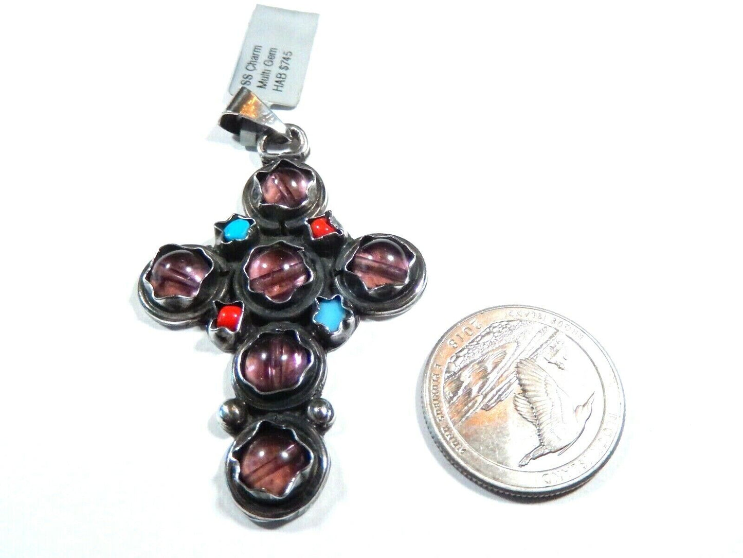 *VINTAGE*  LARGE Taxco Mexico Sterling Silver Multi Gem Cross Pendant Signed