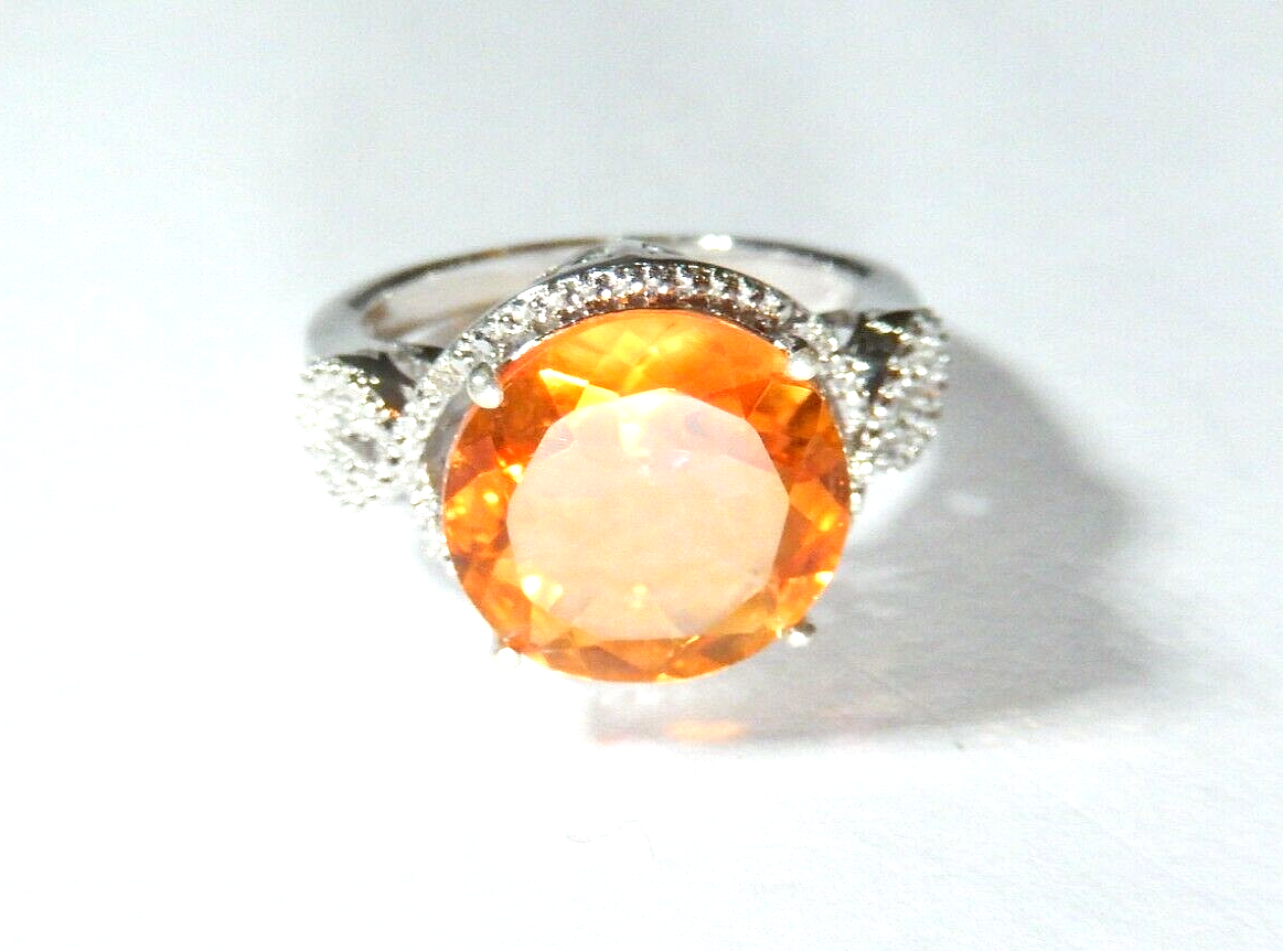 Sterling Silver 9.50 CT Round Citrine & Diamond  Ring Size 10.5