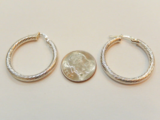 *VINTAGE*  3mm X1"  Round Hoop Twisted Earrings Real 925 Sterling Silver