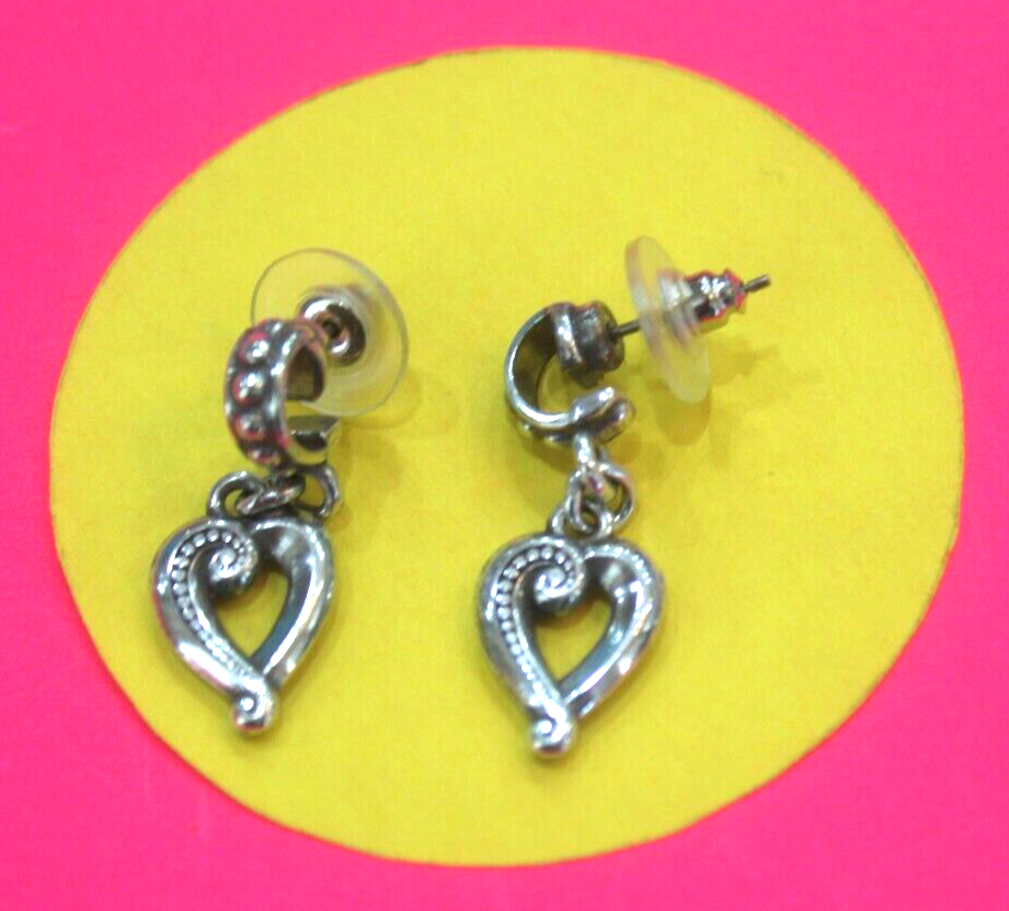 RETIRED Brighton Silvertone Heart Earrings post drop/dangle