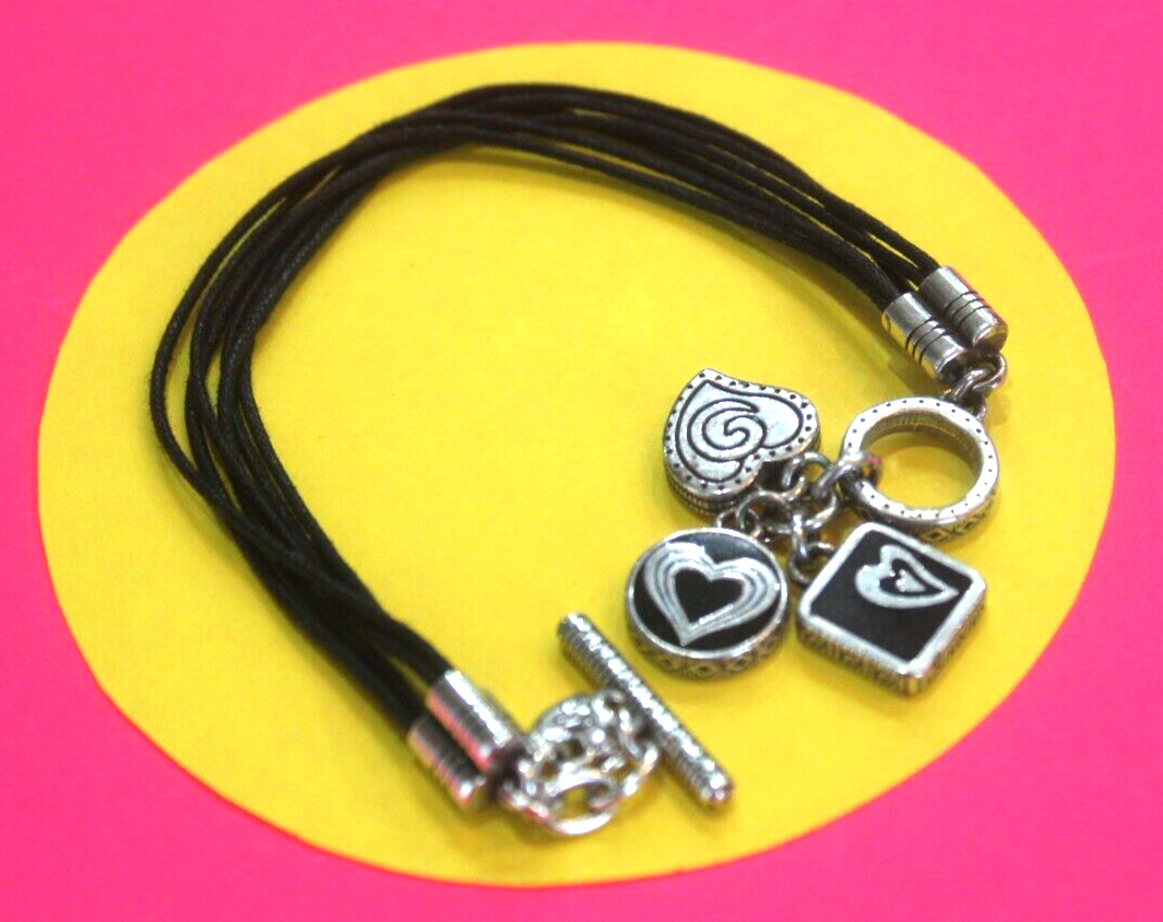 RETIRED Brighton Silver And Black Hearts Bracelet on Six Cords Bracelet Toggle