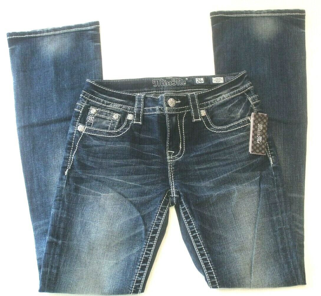 *NWT* $109. Miss Me  Mid Rise Chloe Boot Cut Jeans Wmbellished Pockets Sz 26x34