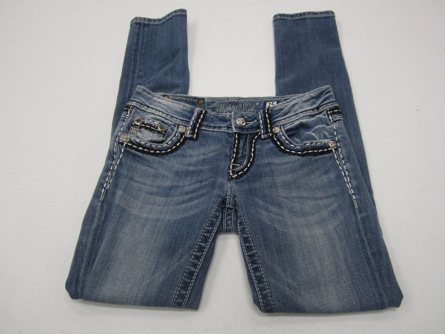 Miss Me Skinny Blue Jeans JE1052SR Embroidered Bejewelled Thick Stitch Sz 25x31