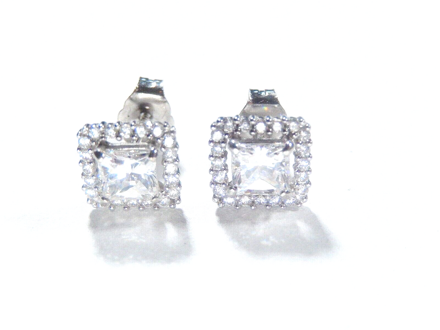 *VINTAGE*  14K White Gold Princess Cut CZ Halo Ear Studs