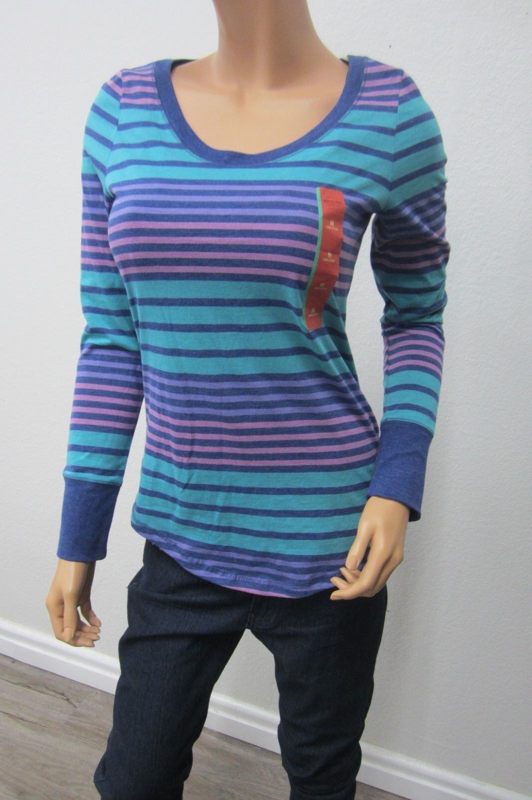 NWT Mossimo Supply Women's Blue Purple Turquoise Stripe LS Scoop Neck Top Sz M