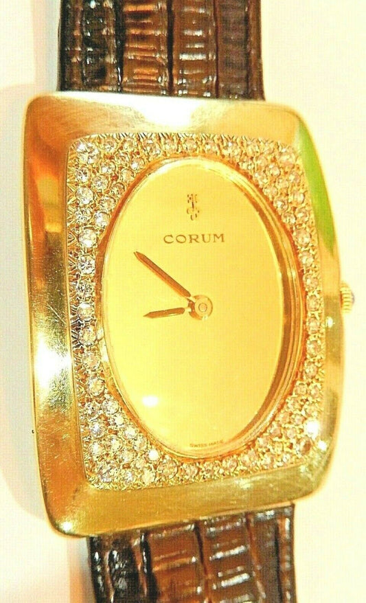 Men's CORUM 18k Yellow Gold & 82 VS Diamond Hand-Winding Watch w/ Leather Band