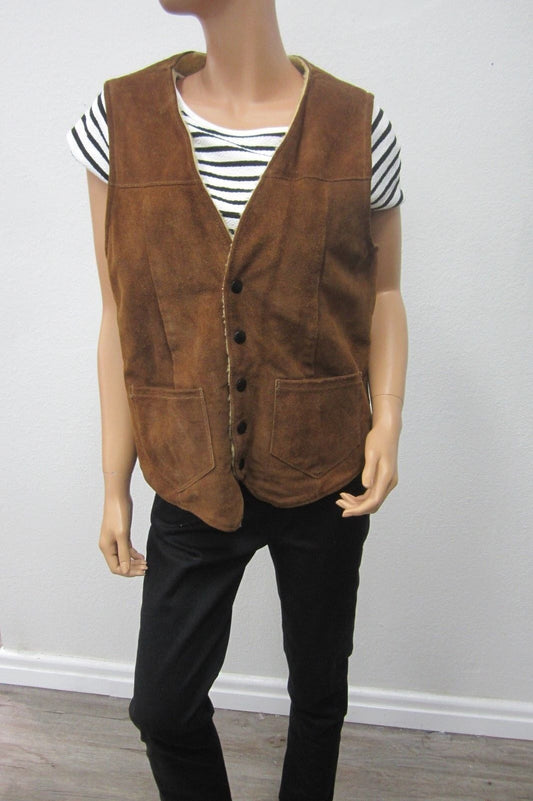 VTG JOO KAY-42-MED Suede Leather Vest Shearling Sherpa Lining Brown - USA Made