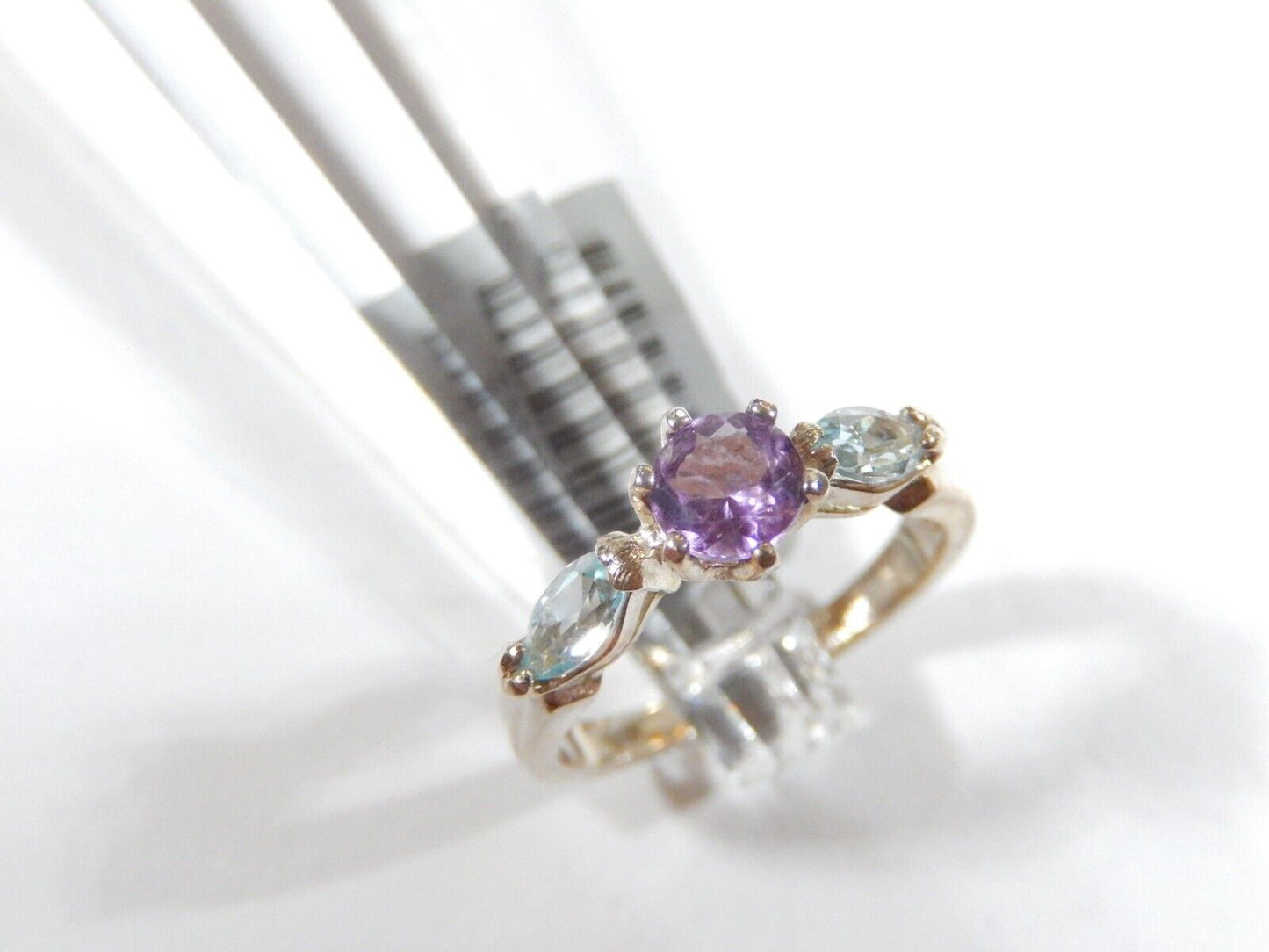 *VINTAGE*  Sterling Silver Swiss Blue Topaz & Amethyst Three Stone Ring Sz 7.75