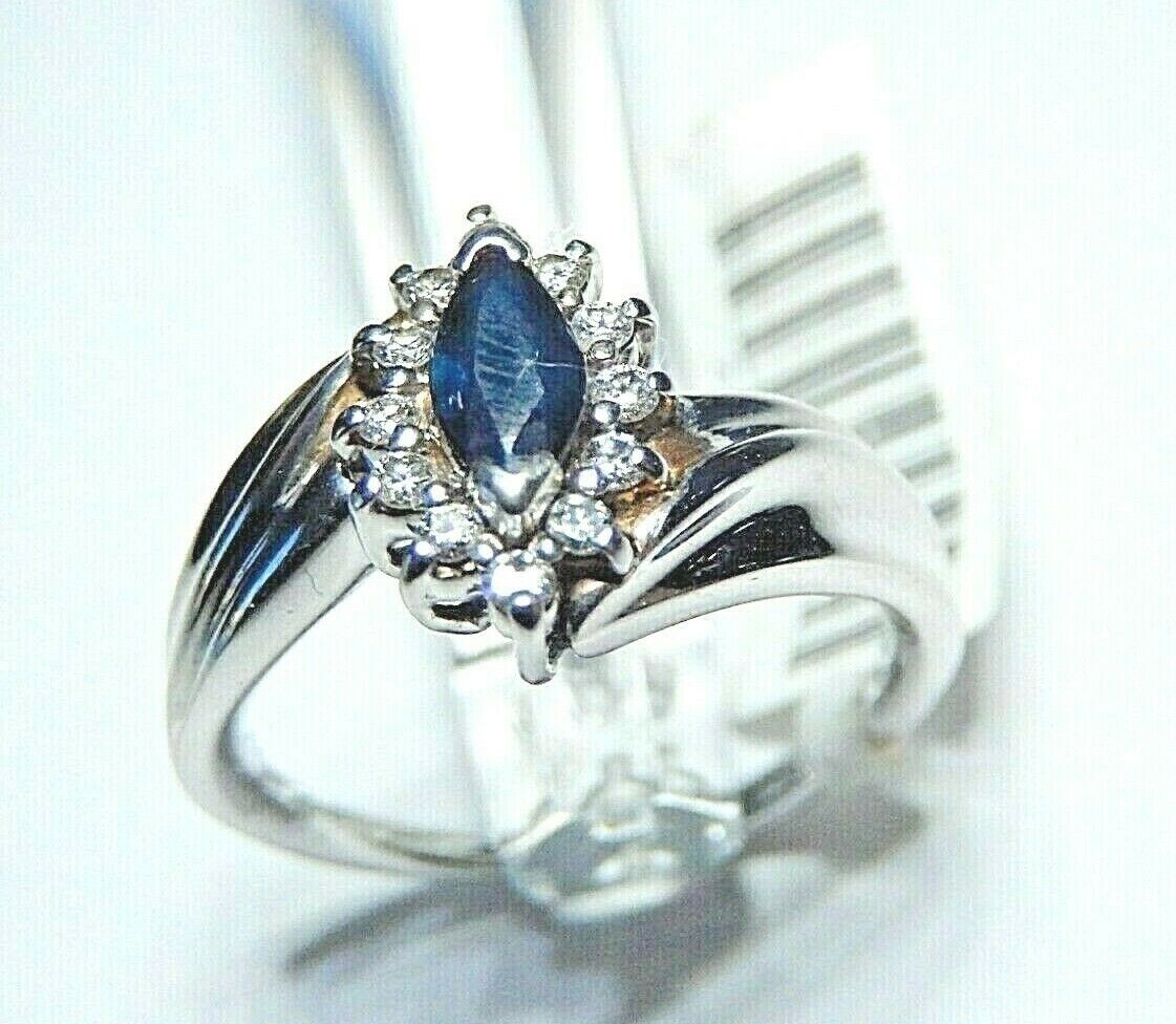 *VINTAGE* HIGH QUALITY 14K White Gold  Blue Sapphire & Diamond Halo Ring Sz 8.25