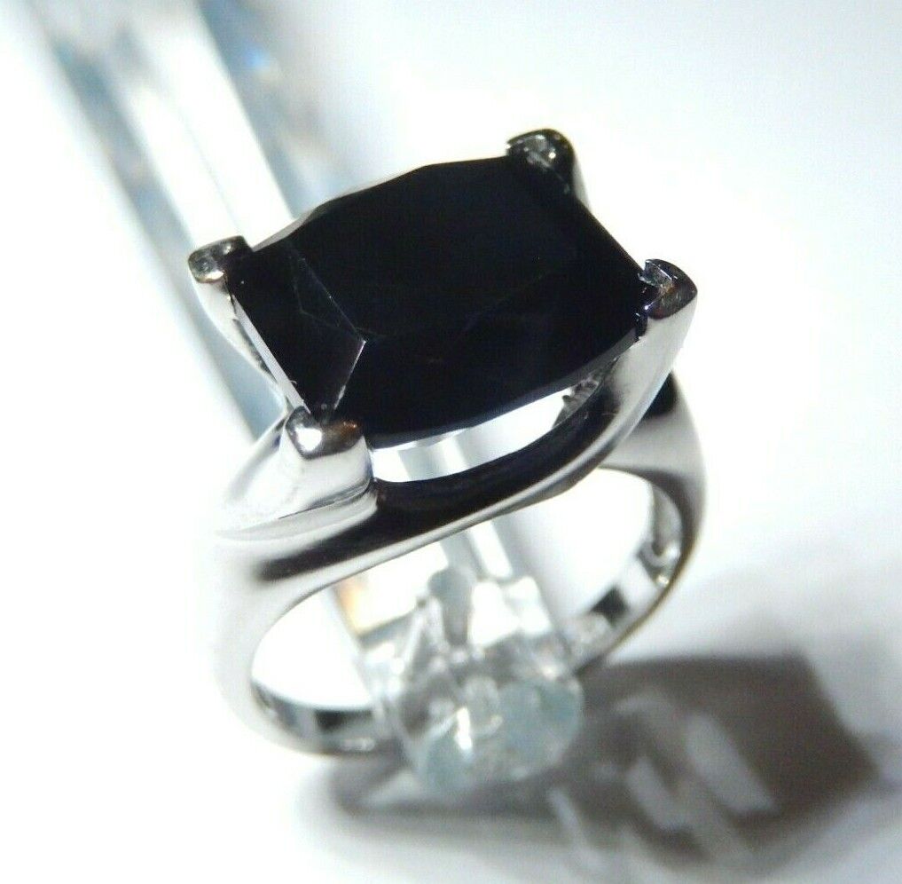 *VINTAGE* LADIES 10K WHITE GOLD 6.00 CT CUSHION BLACK ONYX  RING SIZE 7.5