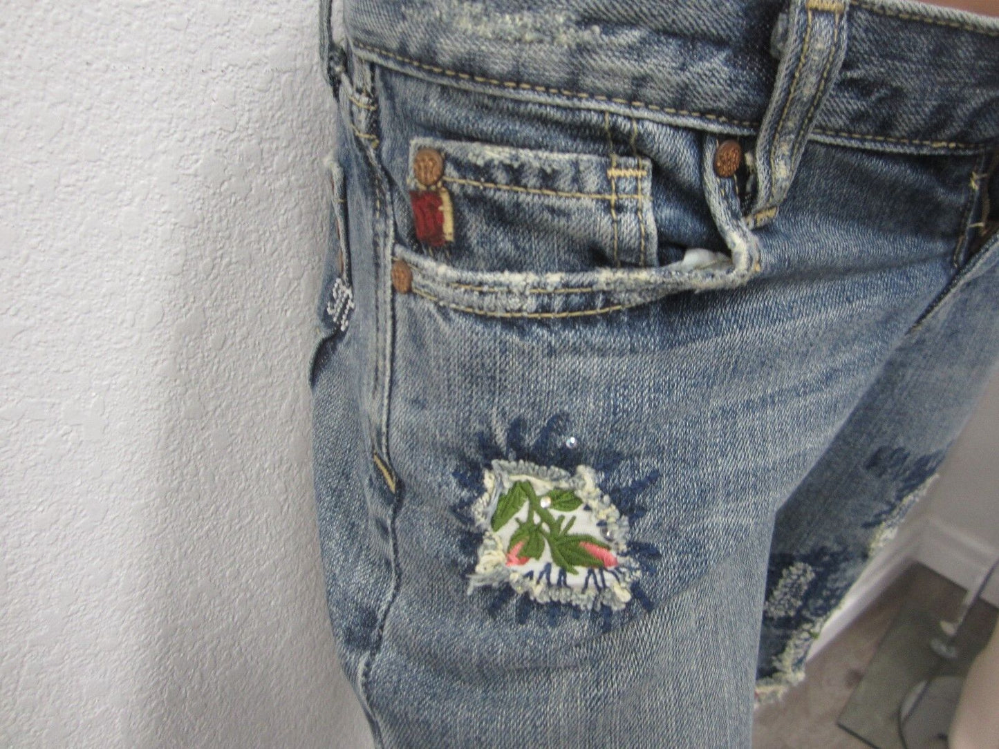 NICEMISS ME JP4152F Denim Embroidery Holes Patchwork Flowers Flare Jeans 26 x 33