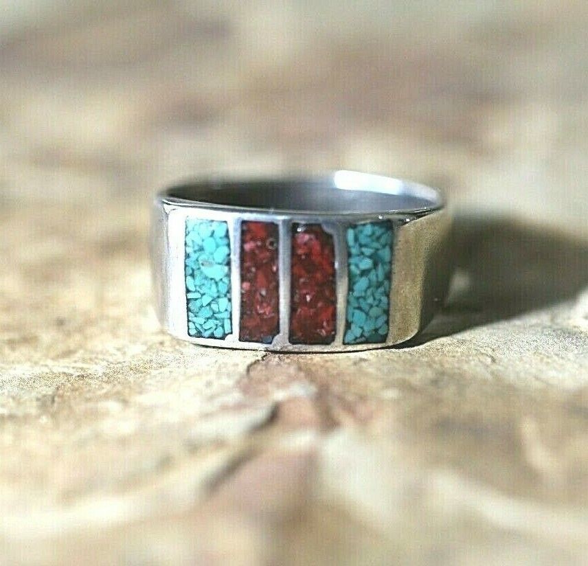 *VINTAGE* NATIVE AMERICAN SIGNED STERLING SILVER CORAL & TURQUOISE RING SIZE 9.5