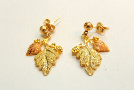 10K Tri-Color Black Hills Gold Dangle Leaf Earrings