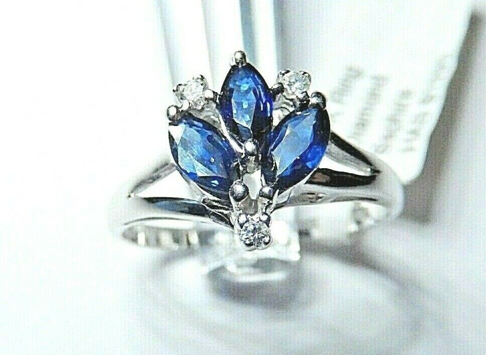*NWT* 14k White Gold .75CT Marquise Sapphire & Diamond  Ring -Size 8.5