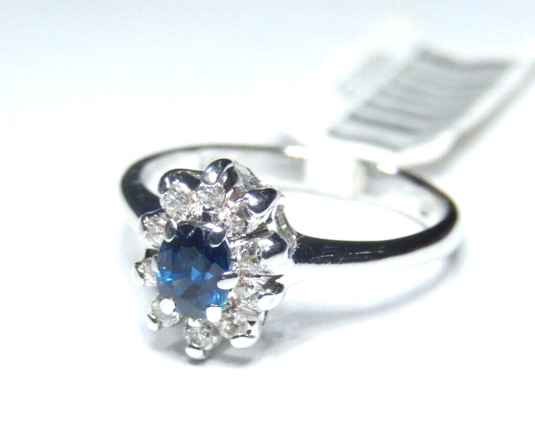 *NWT* 14K White Gold  Blue Sapphire & Diamond Halo  Engagement Ring Sz 4