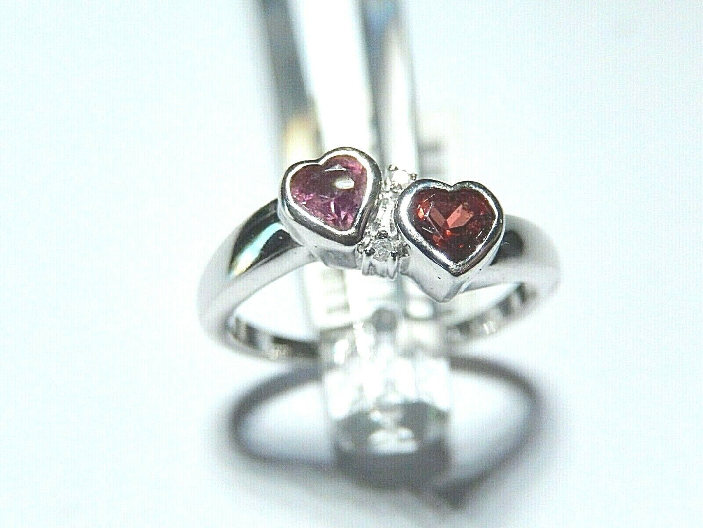 14K White Gold  4mm Heart Shape Amethyst and Garnet with Two Diamonds Sz 7.75