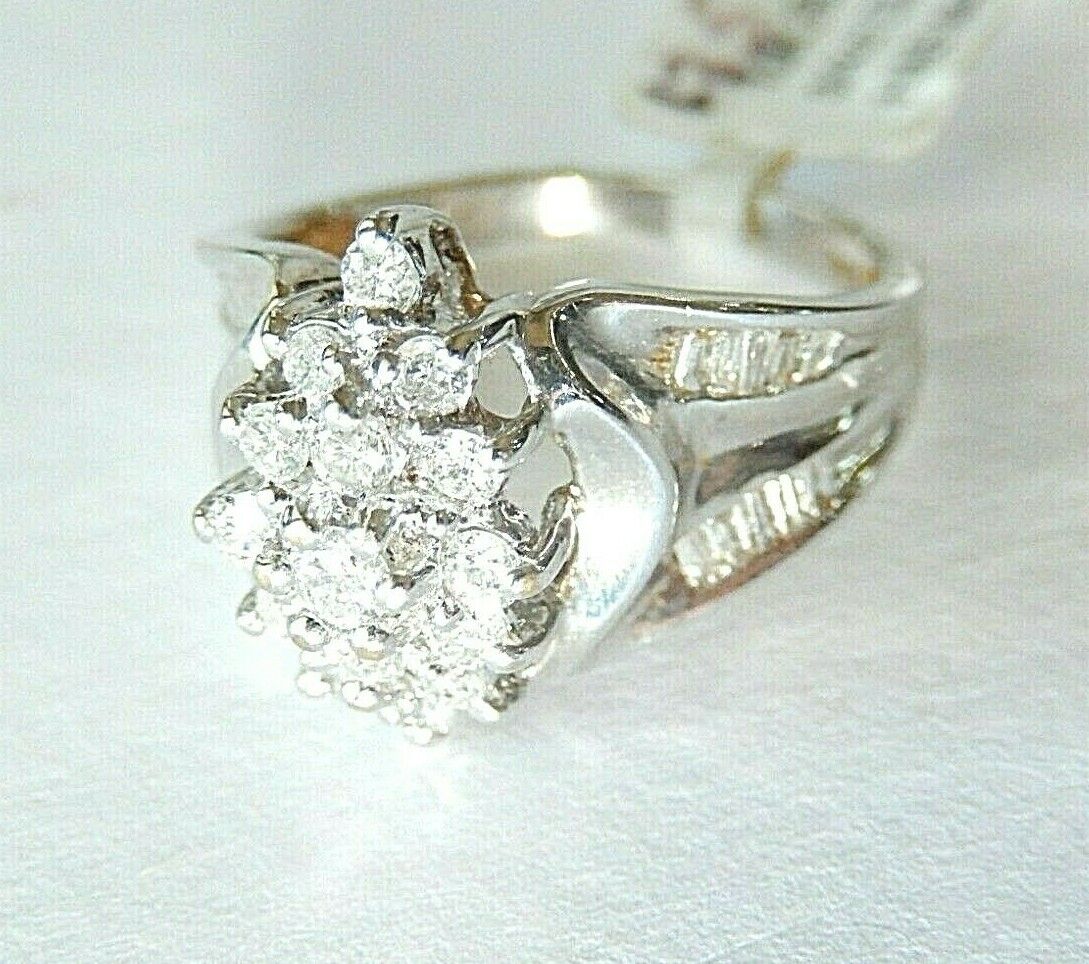 10k White Gold 3/4CT Natural Diamond Cluster Engagement or Right Hand Ring 7.75