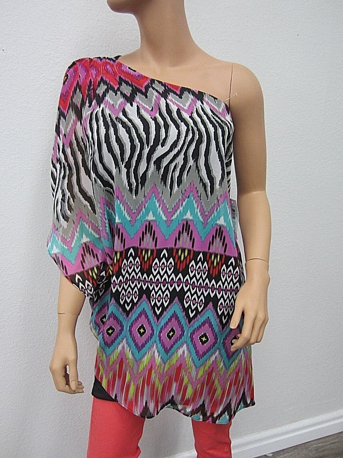 NWTBisou Bisou Michele Bohbot Women's One Shoulder Blouse Top Multi-Color Size 6