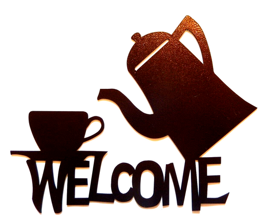 ~NEW~ LARGE - 14ga. "COFFEE POT & CUP WELCOME" Metal Wall Art - 16" x 12.5"