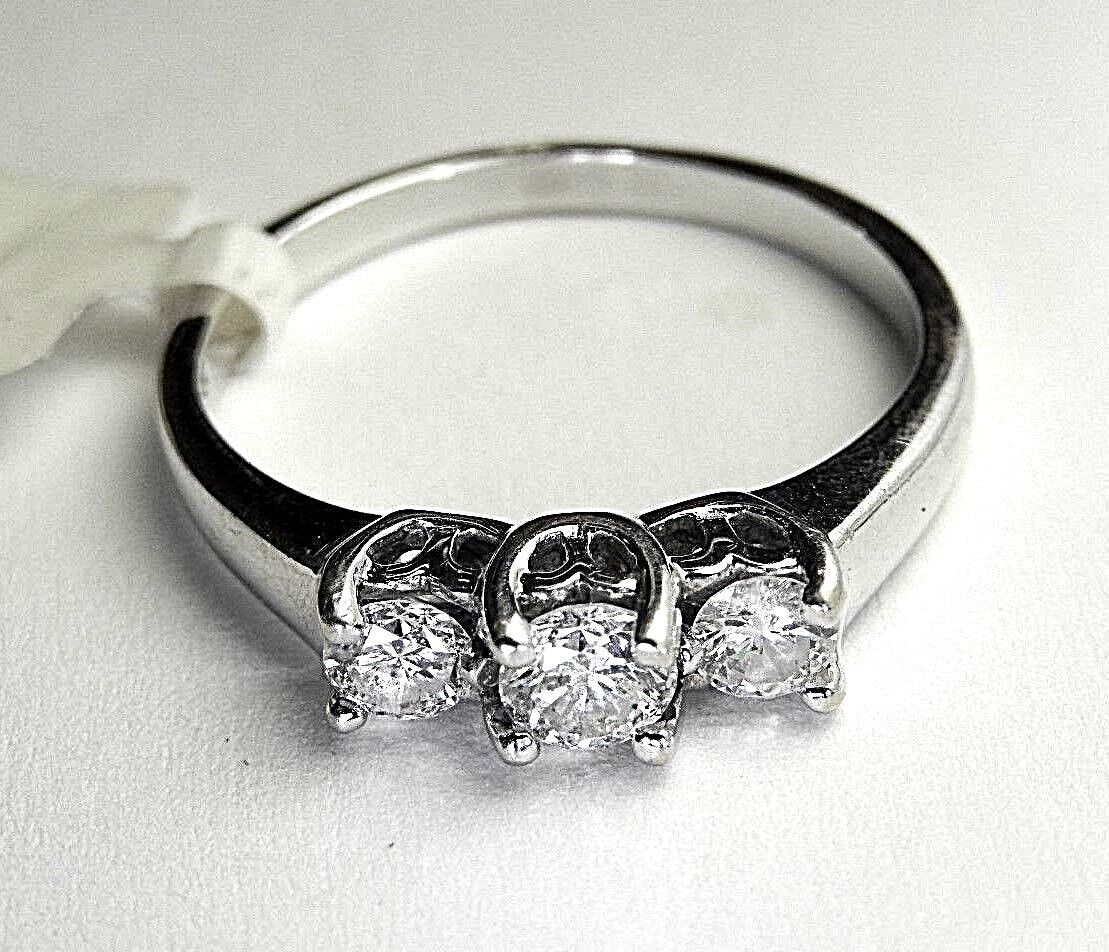 14k White Gold .50 CT Round Natural Diamond 3-Stone Past Present Future Ring