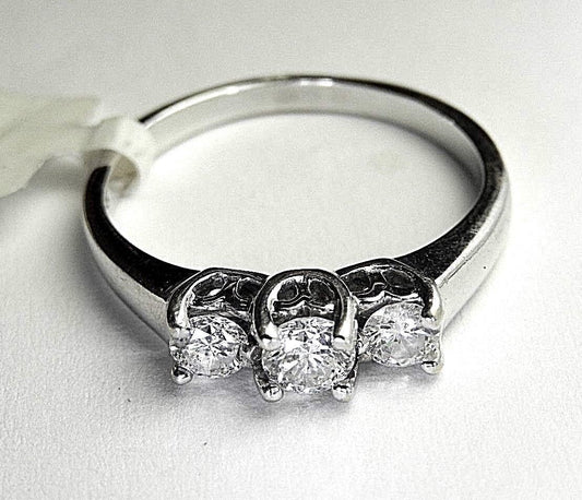 14k White Gold .50 CT Round Natural Diamond 3-Stone Past Present Future Ring