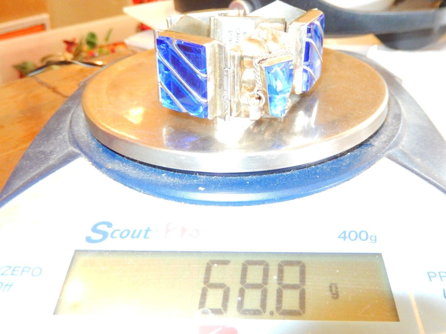 VINTAGE  Taxco Sterling Silver Blue Glass 1" Wide 7" Bracelet Weighs 68.8 gms