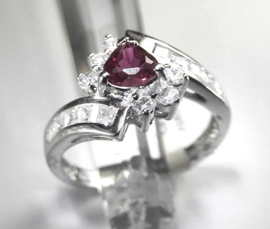Royal Red Ruby & Simulated Diamond 10K Solid White Gold  Bypass Ring Sz 7.5