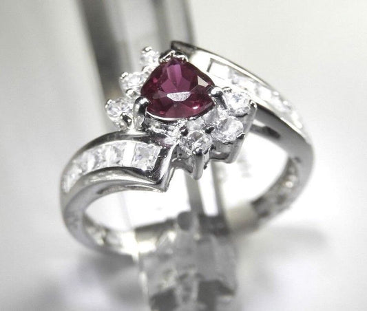 Royal Red Ruby & Simulated Diamond 10K Solid White Gold  Bypass Ring Sz 7.5
