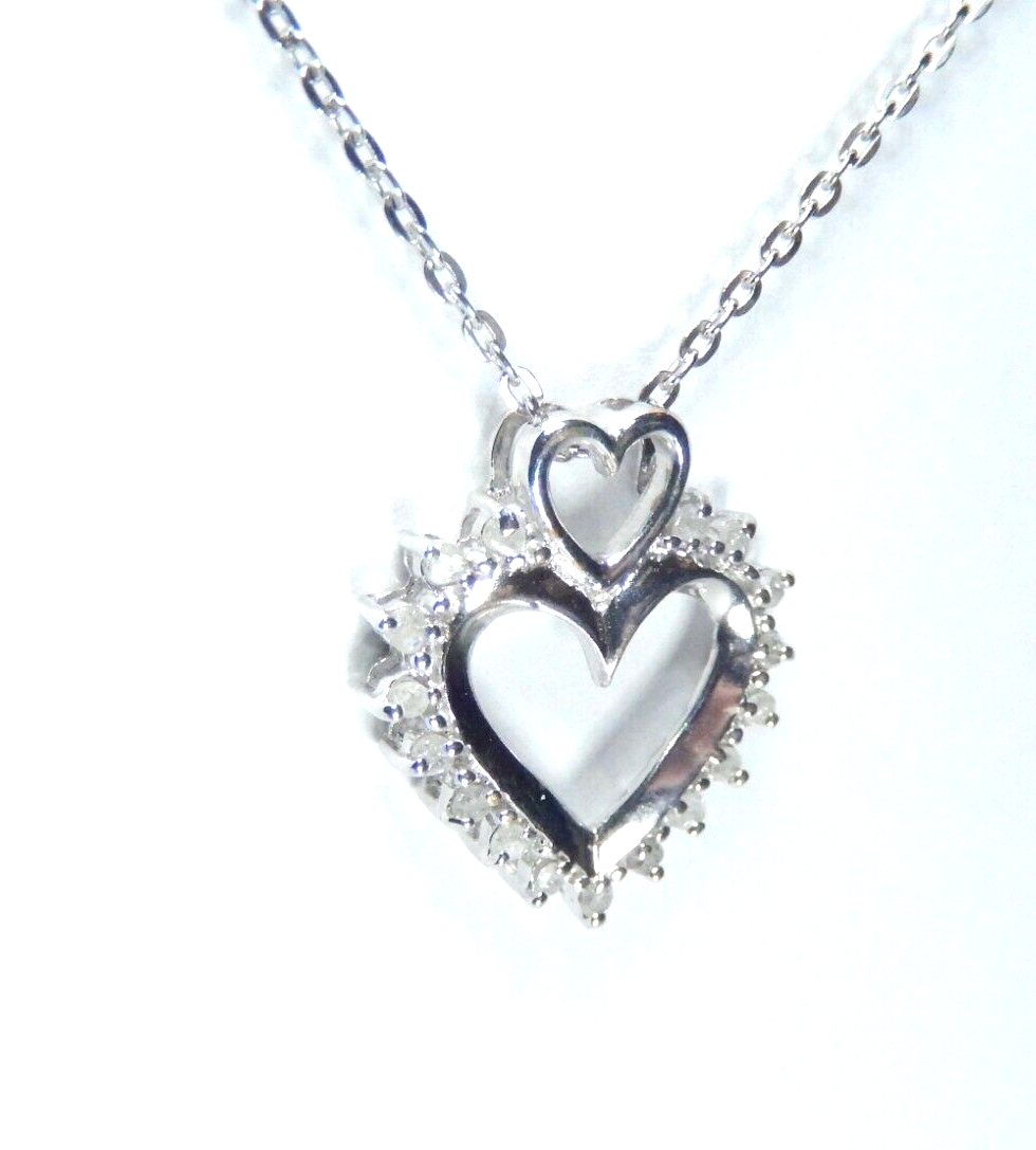 *NWT* - 10K WHITE GOLD NATURAL DIAMOND  OPEN HEART PENDANT NECKLACE  w/18" Chain